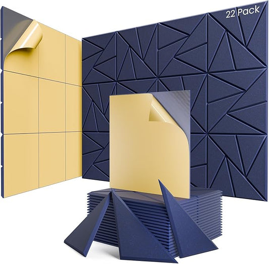 22 Pack Acoustic Panels with Self-Adhesive, 12"X 12"X 0.4"Sound Proof Foam Panels, Sound Panels High Density, Soundproof Wall Panels for Home Studio Office-Dark Blue