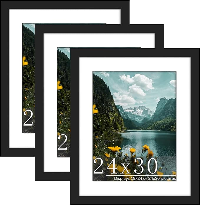 Picrit 24x30 Picture Frame 3 Pack, Black Poster Frame, Display Poster 18 x 24 with Mat or 24x30 without Mat for Horizontal or Vertical Wall Mounting