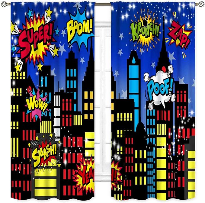 Superhero City Curtains, Comic Night Starry Skyline Cityscape Buildings Comic Blackout Window Curtains for Boys Kids Baby Room Bedroom Living Nursery 2 Panel Sets, 42"x45" Inch