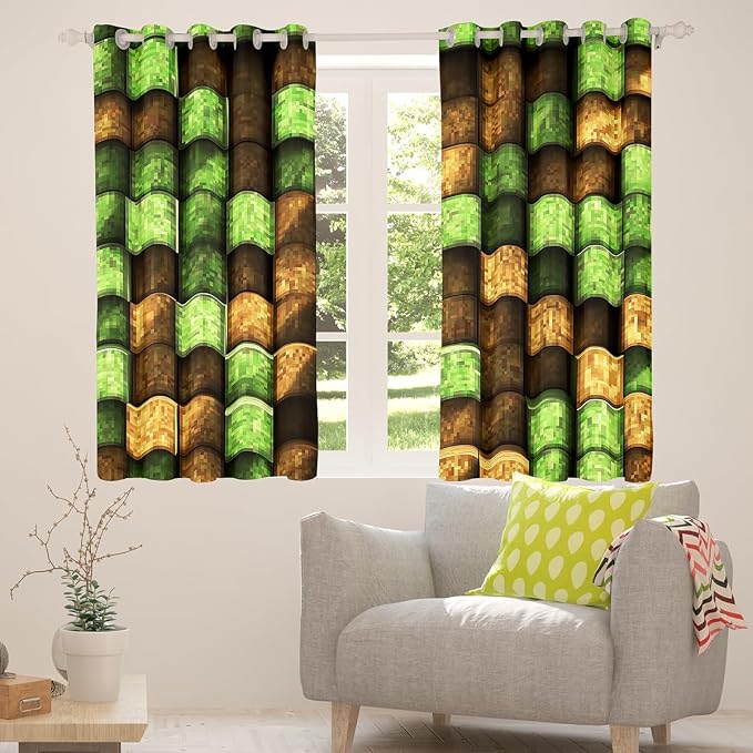Castle Fairy Pixel Block Window Curtain,Green and Brown Square Plaid Blackout Window Treatment,Kids Teens Adult Miners Gaming Bedroom Curtains Video Games Living Room Decor Top 2 Panels,38Wx45L