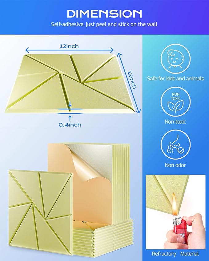 22 Pack Acoustic Panels, Sound Proof Foam Panels for Walls, Self-Adhesive High Density Soundproof Wall Panels, 12" X 12" X 0.4", Sound Absorbing Panels for Home, Studio, Office (Pale Yellow)