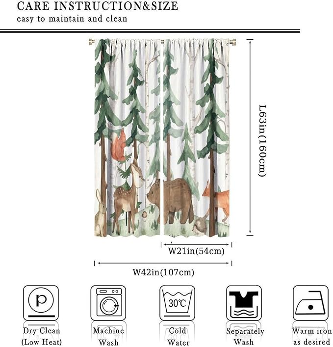 Forest Nursery Curtains - Woodland Bear & Wildlife Theme, Blackout 42x63 Inch 2 Panels