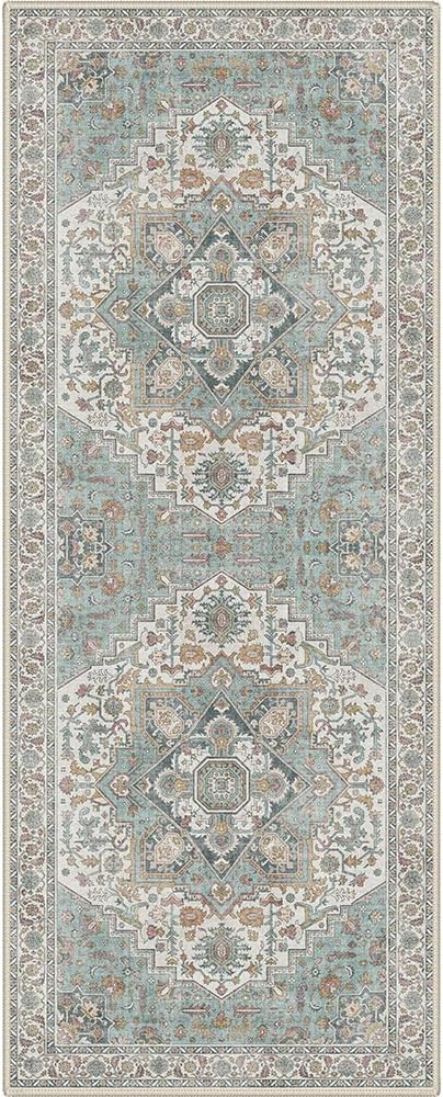 GENIMO Runner Rug 2x5 Non Slip Machine Washable Hallway Runner Rug, Low Pile Lightweight Rugs for Entryway, Hallway, Kitchen and Corridor, Vintage White/Teal