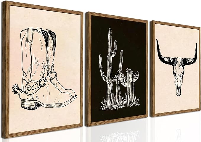 Vintage Western Wall Art Set of 3, Southwestern Cowboy Wall Decor Paintings, Black and White Longhorn Bull Skull Canvas Prints for Bedroom Living Room 12x16 inch Wood Framed