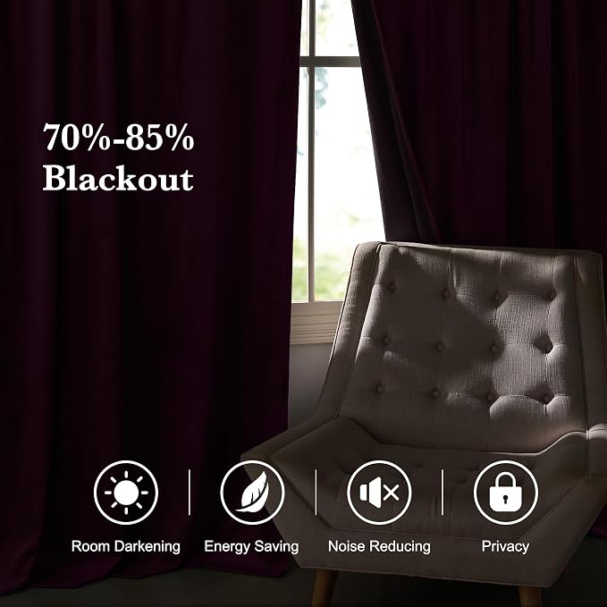 RYB HOME Purple Velvet Curtains 72 inches Long 2 Panels Set, Room Darkening Thermal Insulated Velvet Drapes with Hook Belt for Nursery Living Room Office, 52" W x L72 L