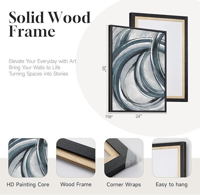 Framed Blue Gray Abstract Wall Art Set of 2, Modern Circle Line Canvas Artwork for Walls, Contemporary Abstract Paintings Prints for Living Room Bedroom Office Hallway Wall Decor, 24x36 In