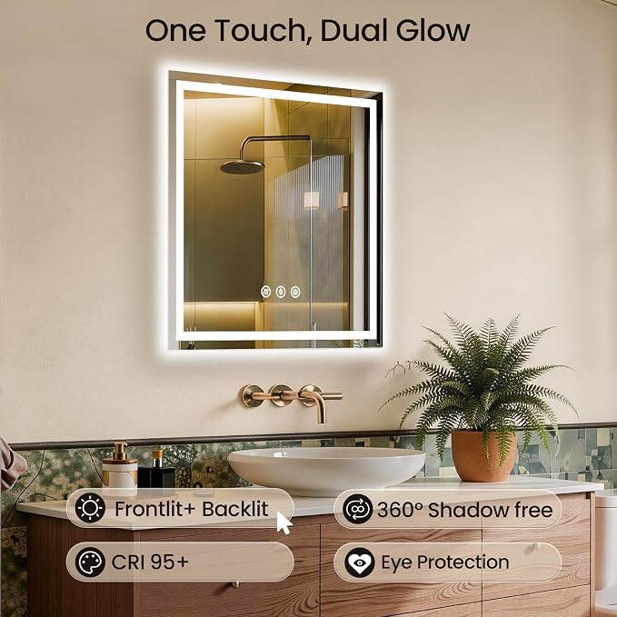 36X36 LED Bathroom Mirror with Lights, Anti-Fog, Backlit + Front Lit (CRI>90), Lighted Bathroom Vanity Mirror for Wall, Memory Function, Dimmable, Tempered Glass, Shatter-Proof