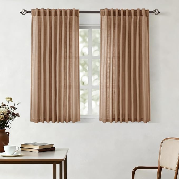 Brown Curtains for Living Room Back Tab Modern Farmhouse Semi Sheer Brown Curtains 45 inches Long 2 Panels Set Muted Neutral Window Curtain for Dining Room Bedroom 52x45