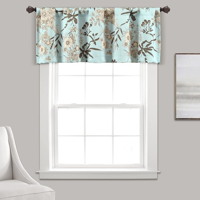 Lush Decor Botanical Garden Curtains Floral Bird Print Light Filtering Window Valance Drapes for Living, Dining, Bedroom, Blue, 52"W x 18L"