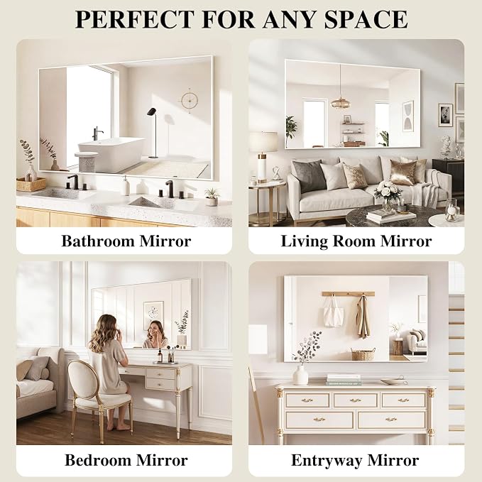 Koonmi White Rectangle Wall Mirror, 30x36 Inch Bathroom Mirror, Aluminum Frame Vanity Mirror for Entryway, Living Room, Bedroom Bathroom, Hangs Horizontally or Vertically