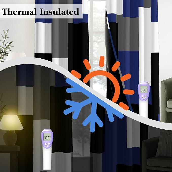 Tyrot Navy Blue Grey 100% Blackout Curtains for Bedroom 84 inch Long 2 Panels Set Gray Modern Abstract Geometric Black Out Curtains Insulated Room Darkening Window Drapes for Living Room, 52Wx84L