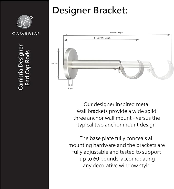 MODE Cambria® Designer Series - Premium 9 foot Custom Curtain Rod - 1-1/8 inch Large Diameter - Non-Adjustable for a Seamless Look - Premium Designer Brackets and End Caps - Brushed Nickel Finish