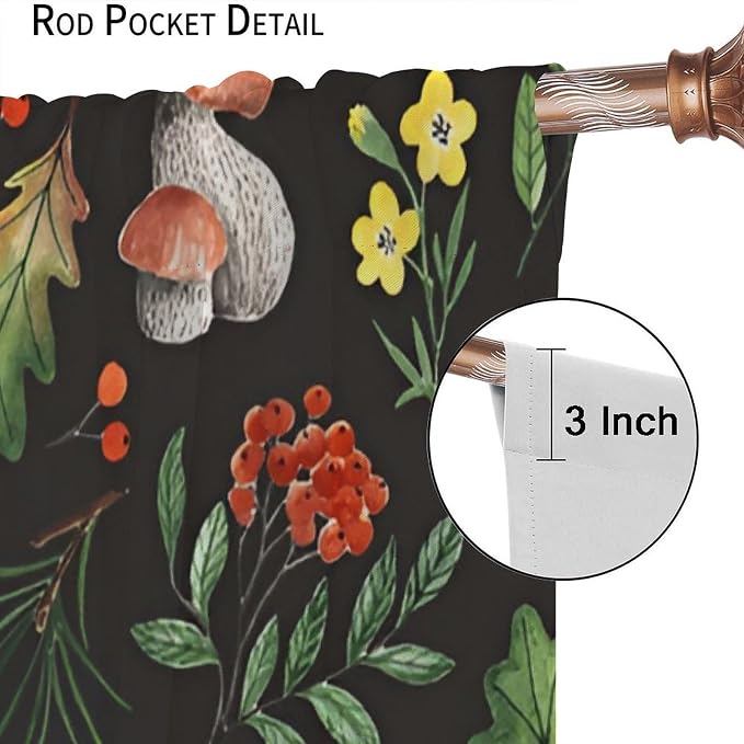 Farm Watercolor Mushroom Curtains, Rustic Forest Wild Mushroom Red Berris Plants Flowers Leaves Blackout Window Drapes for Kitchen Bedroom Livingroom, 63" W X 63" L
