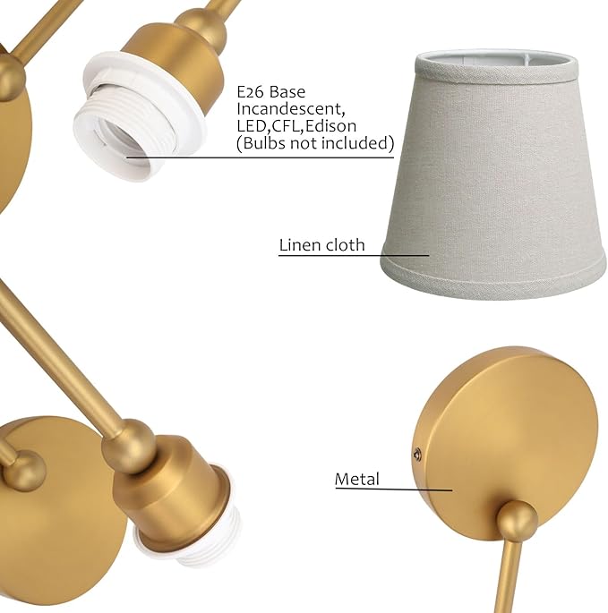 Pathson Antique Linen Fabric Wall Sconces Set of 2, Hardwired Curved Arm Bathroom Vanity Light, Indoor Wall Decor Lamp for Living Room, Kitchen, Bedroom, Foyer
