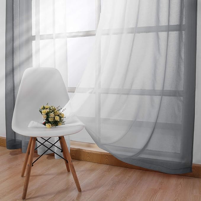 DWCN Grey Ombre Short Sheer Curtains - Faux Linen Semi Voile Gradient Light-Filtering Bedroom and Living Room Curtains, Set of 2 Grommet Top Window Drape Panels, 52 x 45 Inch Length