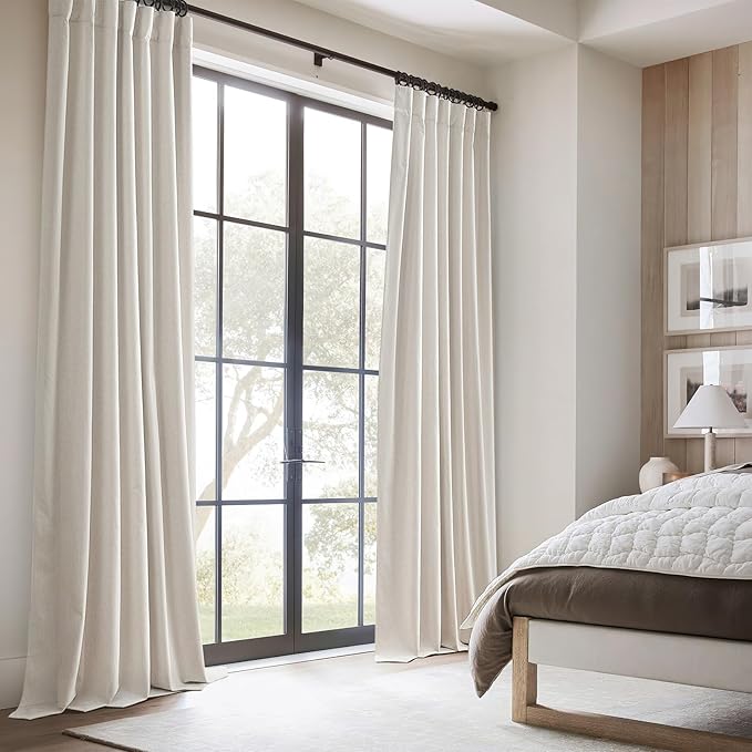 100 Percent Blackout Sliding Glass Door Curtains 120 Inches Long 2 Panels, 10 Foot Theater Floor to Ceiling Track Drape Linen Drop Cloth Traverse Curtains Farmhouse Natural Beige (Hook,Rings Include)