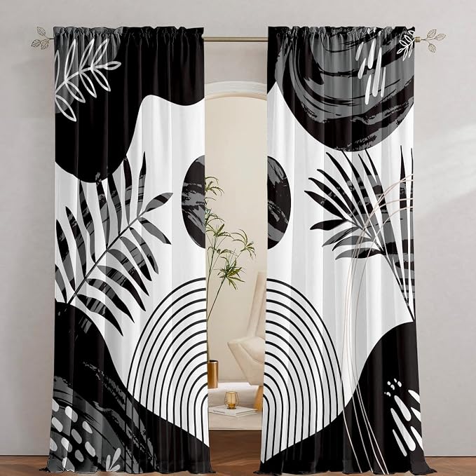 Boho Mid Century Black and White Living Room Curtains, 84 Inch Modern Arch Sun Leaves Light Filtering curtains for Dining Room, Black Gray Abstract Geometric Line Bedroom Curtain, Home Decor, 2 Panels