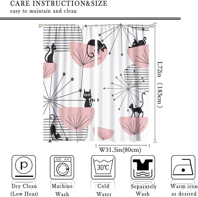 JESTRONRY Mid Century Cat Curtains, Pink Atomic Abstract Geometric 1950s 1960s Retro Style Rod Sleeves Window Drapes for Bedroom Living Room Home Decor 63x72in
