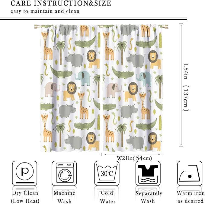 Nursery Safari Animals Curtains, Baby Boy Girl Kids Woodland Jungle Forest Lion Elephant Printed Curtains for Living Room Bedroom Window Drapes 2 Panel Sets42x54 Inch