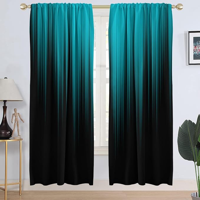 AAtter Teal and Black Window Curtains, 2 Panels, Wide Long 52" W x 84" L | Turquoise Modern Rod Pocket Drapes, Abstract Ombre Striped Style, Dark Aqua Design, Large Living Dining Room Decor for Men