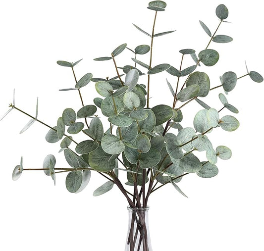 6pcs Real Touch Artificial Faux Eucalyptus Stems Dual-Sided Lifelike Leaves Fake Eucalyptus Greenery Plants for Wedding Flower Arrangement Centerpiece Bouquet Home Office Decor(Gray Green)