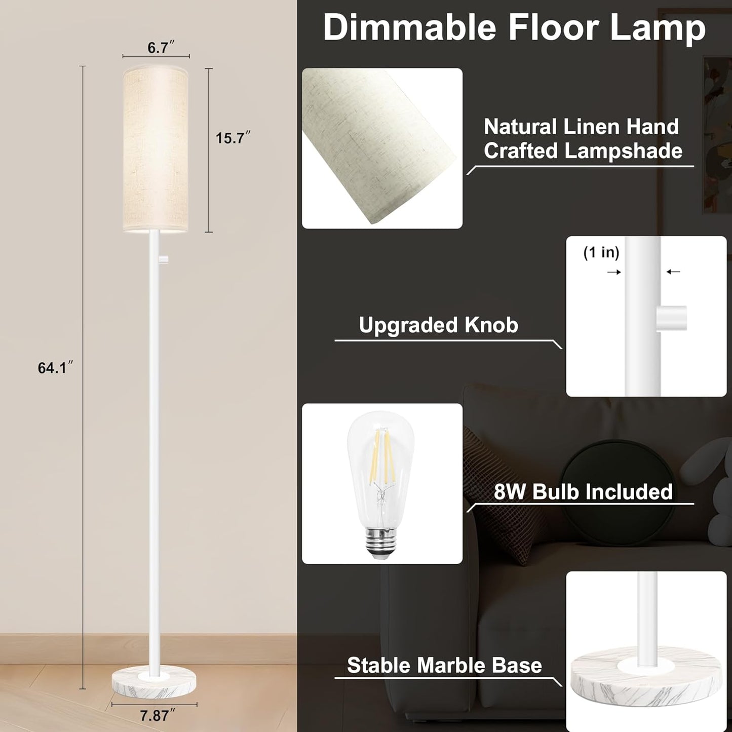 Floor Lamp for Living Room,Dimmable Floor Lamp with LED Bulb,Modern Standing Lamp with Marble Base,Tall Standing Lamps for Living Room,Bedroom,Office,Reading and Nursery(White)