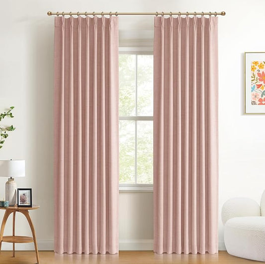 100% Blackout Shield Linen Look Textured Pinch Pleated Curtains Blackout Drapes 102 Inch Long 2 Panels Set, Faux Linen Blackout Curtains for Bedroom & Living Room, 40" W x 102" L, Blush Pink