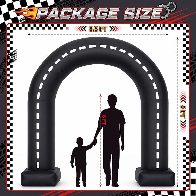 Seenelling 9 Ft Race Car Party Inflatable Archway, Blow Up Racetrack Arch with Built-in LED Lights Racing Themed Decoration for Birthday Party Lawn Yard Decor