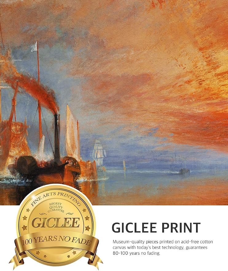 DECORARTS - The Fighting Temeraire by William Turner. Oil Painting Reproduction, Giclee Print on Canvas. Ready to Hang Framed Wall Art for Home and Office Decor. Total Size w/Frame: 30x22