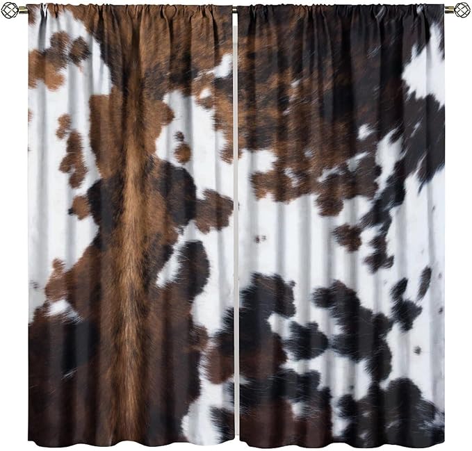 Cowhide Blackout Curtain, Brown White Cowhide Animal Fur Western Rustic Farm Curtains Rod Pocket Window Treatments 2 Panels Drapes for Dining Room Office Living Room Deocr 63" W X 72" L