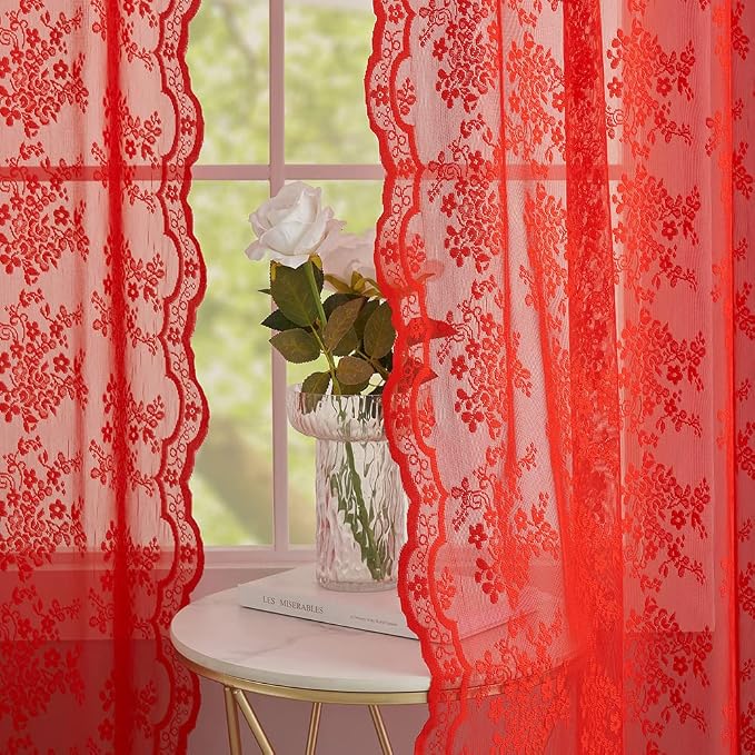 YJ YANJUN Vintage Lace Curtains 96 Inches Long-Victorian Floral Pattern Red Sheer Curtain Panels for Living Room Bedroom,Light Filtering, Xmas Gift for Holiday Decor 2 Panels 52W x 96L