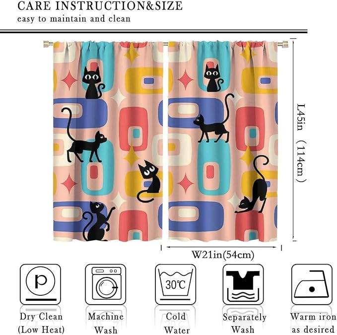 JESTRONRY Mid Century Style Curtains, Black Cat Modern Abstract Geometric 1950s 60s Vintage Colorful Blackout Rod Pocket Window Drapes for Living Room Bedroom Home Decor 42x45in
