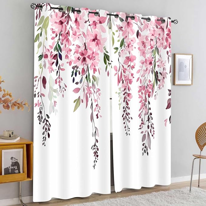 Pink Watercolor Floral Curtains, Botanical Leaves Vine Flowers Curtain, Rustic Farmhouse Flower Leaf Blackout Window Treatment Drapes for Bedroom Living Room 52x90 inch, 2 Panels