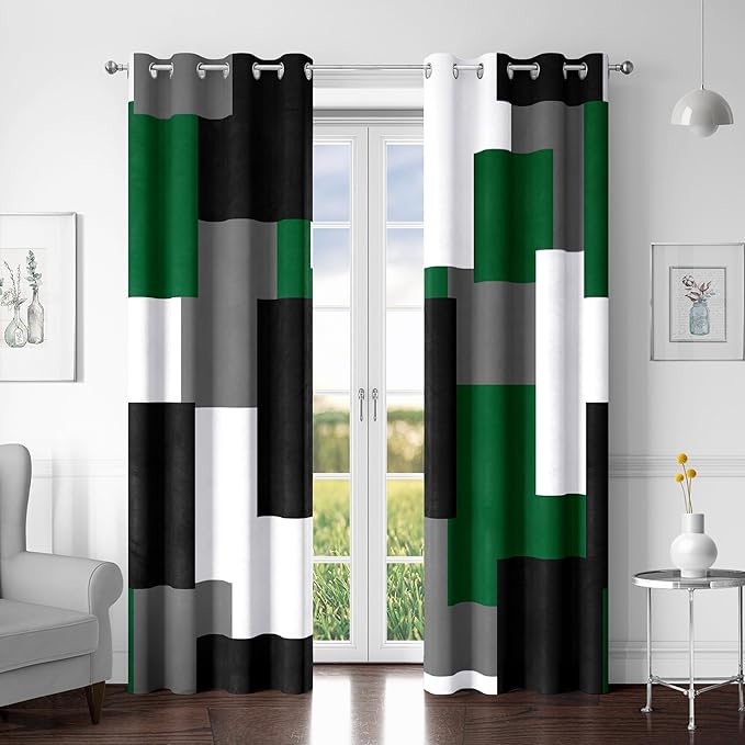Tyrot Green Blackout Curtains for Bedroom 63 inch Long 2 Panels Set Black Grey White Modern Abstract Geometric Black Out Curtains Insulated Room Darkening Window Drapes for Living Room, 52Wx63L
