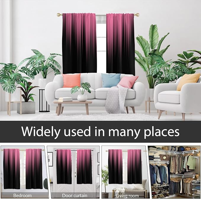 AAtter Pink and Black Window Curtains, Ombre Wide 52" W x 63" L, 2 Panels | Gothic Modern Rod Pocket Drapes, Cute Preppy Girls Style, Abstract Striped Design, Dark Living Dining Room Decor for Women