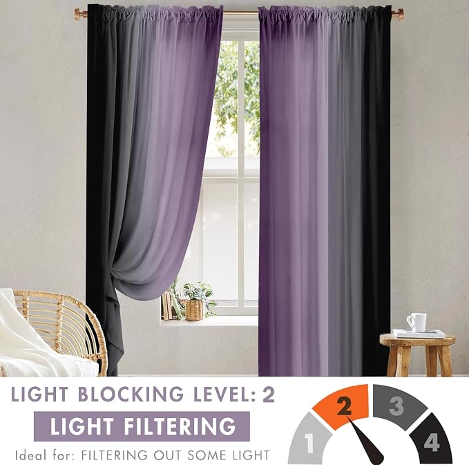 Purple and Black Curtains for Living Room 84 Inch Length Ombre Curtains 2 Panel Bedroom Black and Purple Curtains Rod Pocket Light Filtering Window Curtain Modern Gradient Drapes