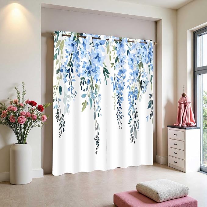 Blue Watercolor Floral Curtains, Botanical Leaves Vine Flowers Curtain, Rustic Farmhouse Flower Leaf Blackout Window Treatment Drapes for Bedroom Living Room 52x96 inch, 2 Panels