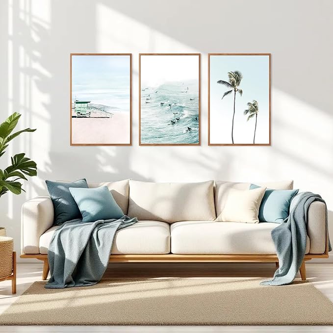 CHDITB Coastal Framed Canvas Wall Art, Beach Surfing Posters, Neutral Palm Tree Ocean Decor, Summer Vacation Artwork Tropical Seaside Painting for Home Living Room Coastal Bedroom 24"x36"x3