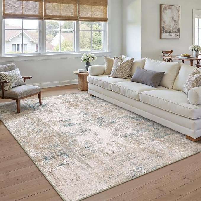 5x7 Washable Area Rug Beige Blue Abstract Non Slip Soft Low Pile Rug for Living Room Bedroom Dining Room Office Neutral Modern Indoor Throw Carpet for Home Decor