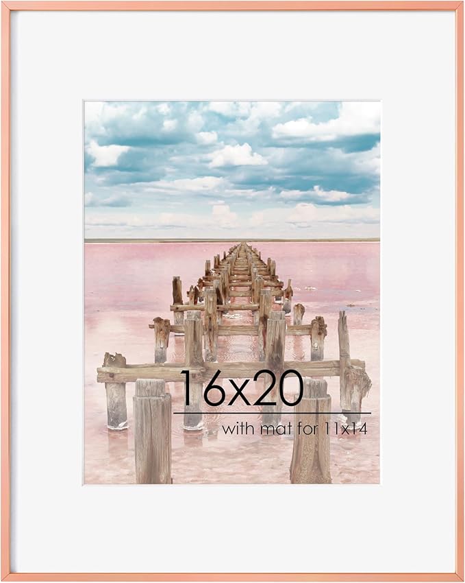 FLYJOE 16x20 Metal Picture Frame For Wall With Mat For 11x14, 16''x20'' Aluminum Photo Frames With Tempered Glass, Minimalist Modern Poster Frame Horizontal And Vertical Formats, Rose Gold