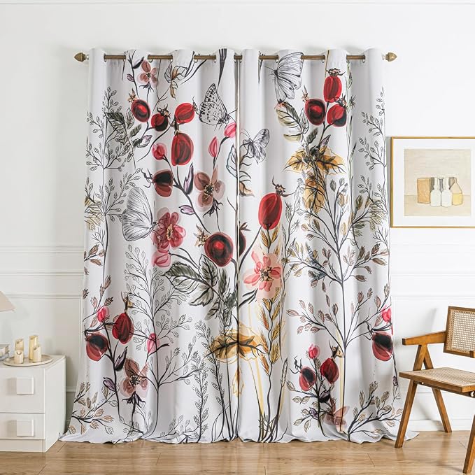 Boho Floral Blackout Curtains for Bedroom 84 inch Long 2 Panels Black Out Farmhouse Country Botanical Vintage style Curtains for Living Room Thermal Insulated Room Darkening Window Drapes 52x84 Inch