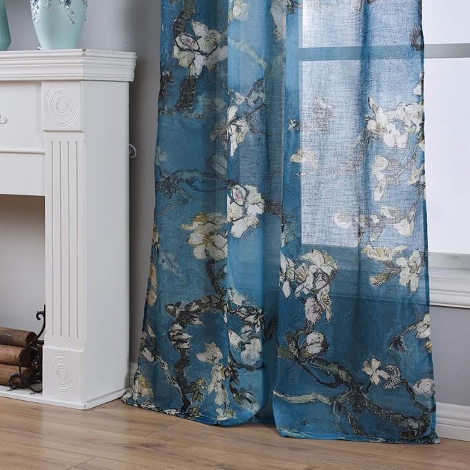 Taisier Home Apricot Blossom Sheer Curtains Printed,Vintage Blue Curtain Drapes for Bedroom/Nursery Elegant Decorative Curtains 2 Panels Set,Ring Top Style Print Drapes,52" W×63”L
