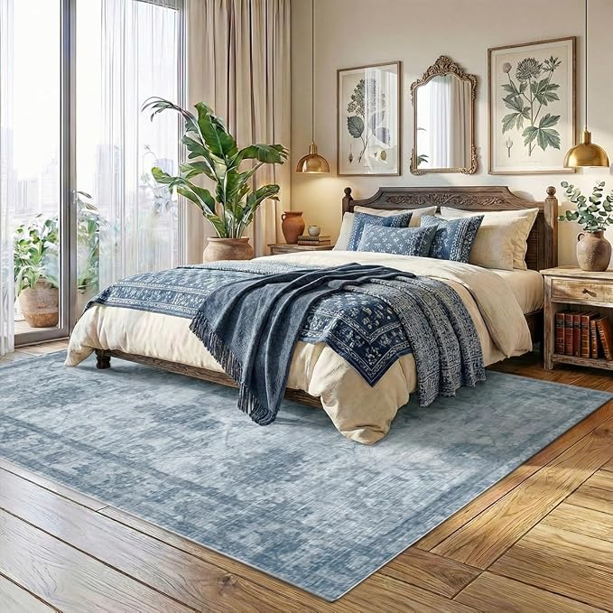 Homemate Washable Rug 9x12 Area Rugs - Vintage Faux Wool Rugs for Living Room Bedroom Dining Room - Non Slip Foldable Carpet Indoor Area Rug for Home Decor（9'x12', Blue