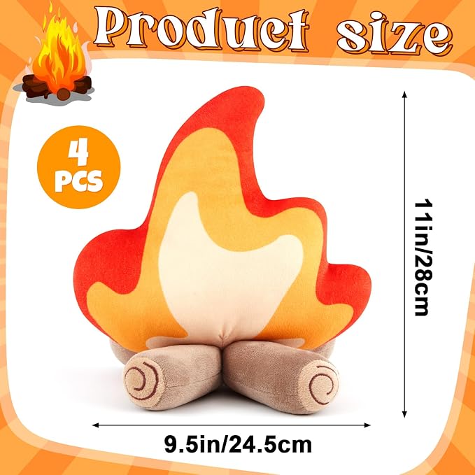 4 Pack Campfire Plush Toys Fake Fire Firewood Plush Pillow for Camping S'More Birthday Party Scene Setting Room Decoration and Woodland Forest Nursery Classroom Decor
