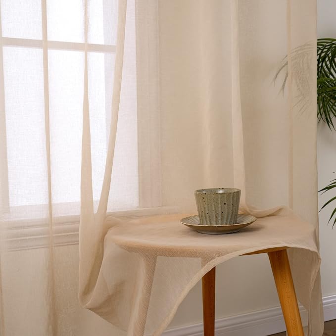 MIULEE 2 Panels Beige Semi Sheer Window Curtains Elegant Grommet Top Window Voile Drapes/Treatment Linen Textured Panels for Bedroom Living Room (54X84 Inches)