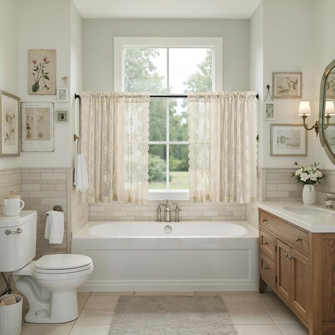 Kotile Short Lace Curtains 30 Inch Length 2 Panels Rustic Floral Retro Beige Kitchen Lace Curtains for Small Window, Rod Pocket Privacy Sheer Cafe Curtain Over Sink Cabinet, 42 x 30 Inch