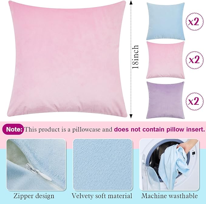 Berlune 6 Pcs Pastel Velvet Throw Pillow Covers 18" x 18" Decorative Cushion Cases Soft Throw Pillows Coquette Party Accessories Couch Sofa Bed Picnic Chair Home Decor, No Inserts