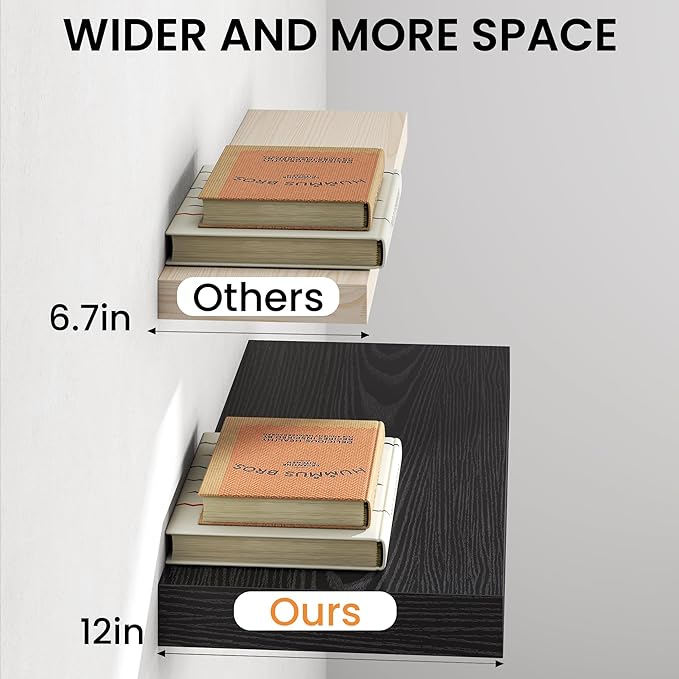 40Inch Black Floating Shelves for Wall, 12 Inch Deep Shelves for Bedroom, Kitchen, Bathroom Wall Mounted, Rustic Wood Floating Shelf with Invisible Brackets for Books, Storage, Decor, 2 Packs