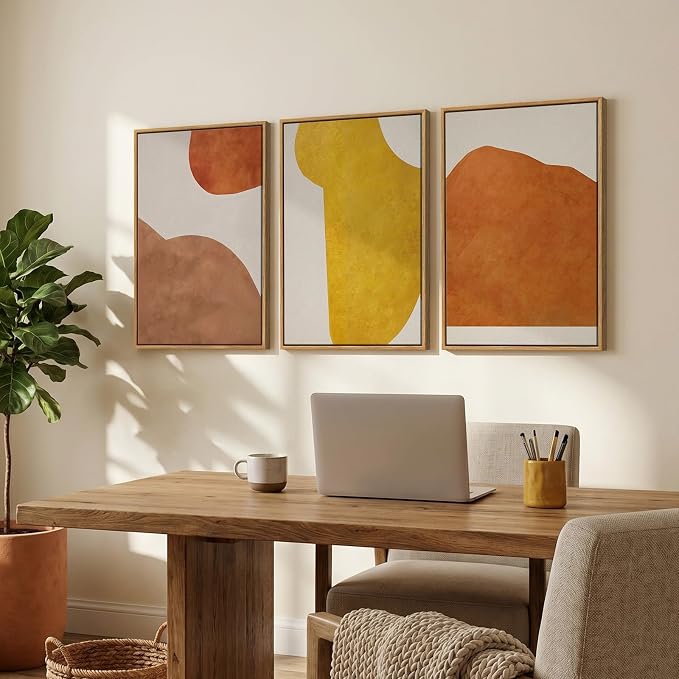 Framed Abstract Orange Wall Art Bedroom, 3 Piece Mid Century Modern Minimalist Yellow Canvas Artwork for Walls, Large Geometric Boho Neutral Pictures Prints Wall Decor Living Room Office, 16x24 Inch