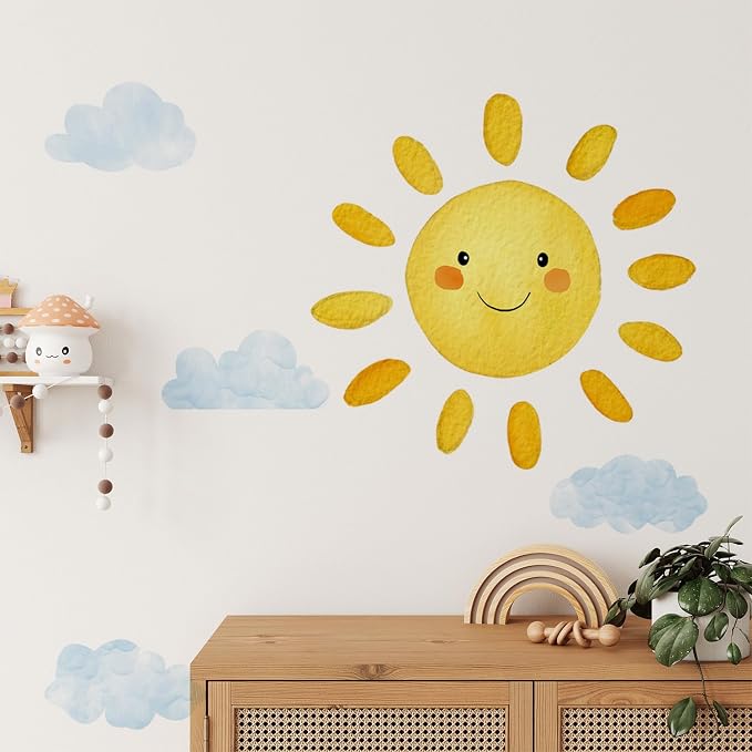 Large Sunshine Nursery Decor, Smile Sun and Cloud Wall Decal for Playroom, Classroom and Party, Watercolor Dreamy Drift